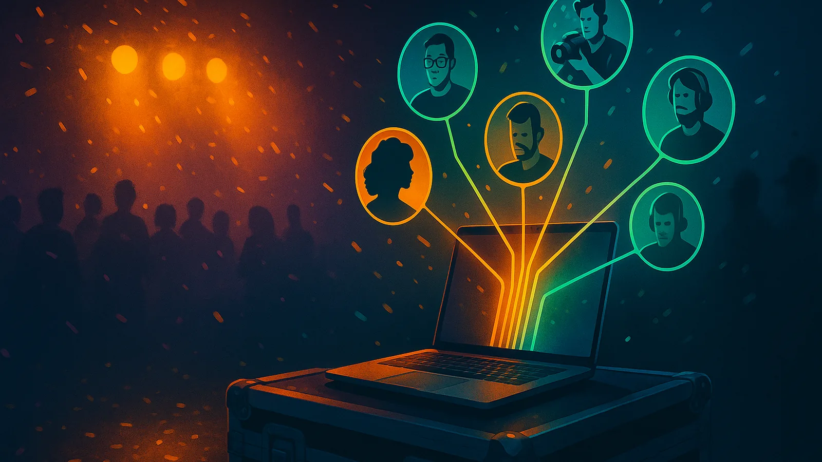 Backstage laptop sending neon split lines to collaborators; soft crowd silhouettes and stage glow