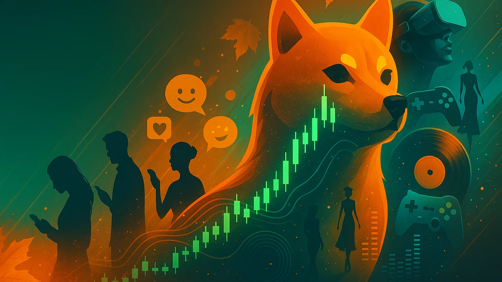 Culture-meets-crypto collage: meme dog, social icons, controllers, and an uptrend chart