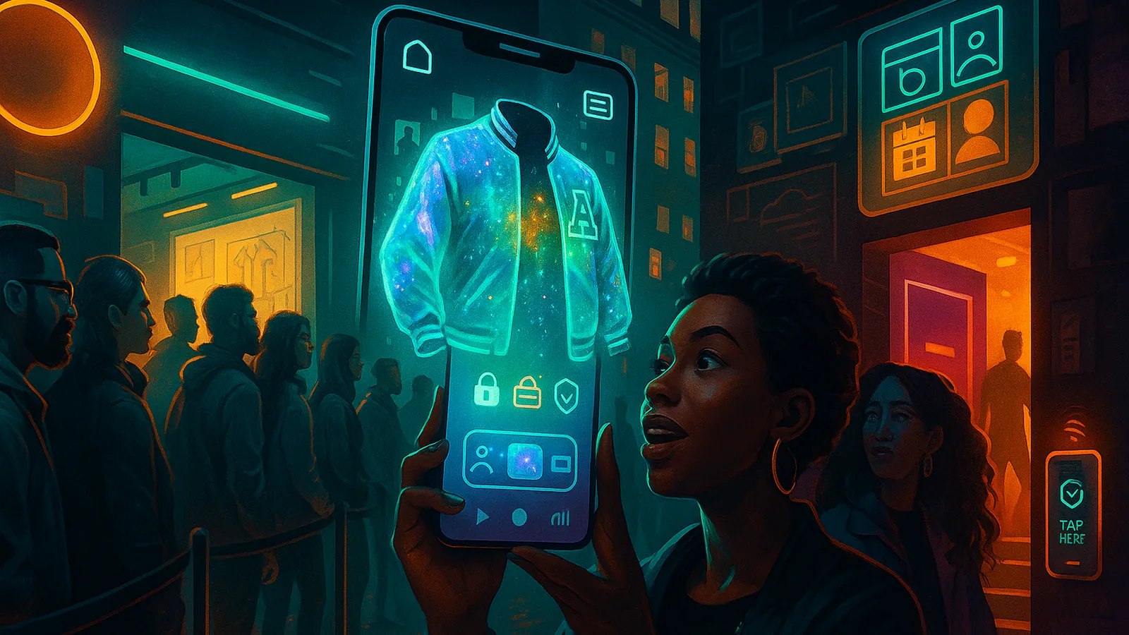 Fashion pop-up scene: neon varsity jackets, fans tapping to verify access, designer on livestream
