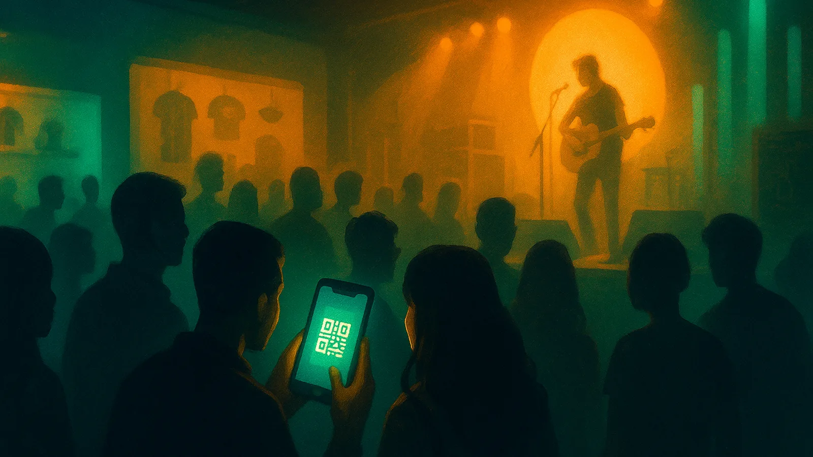 Intimate venue during soundcheck: fans scanning access on phones, warm neon lights, quiet backstage energy