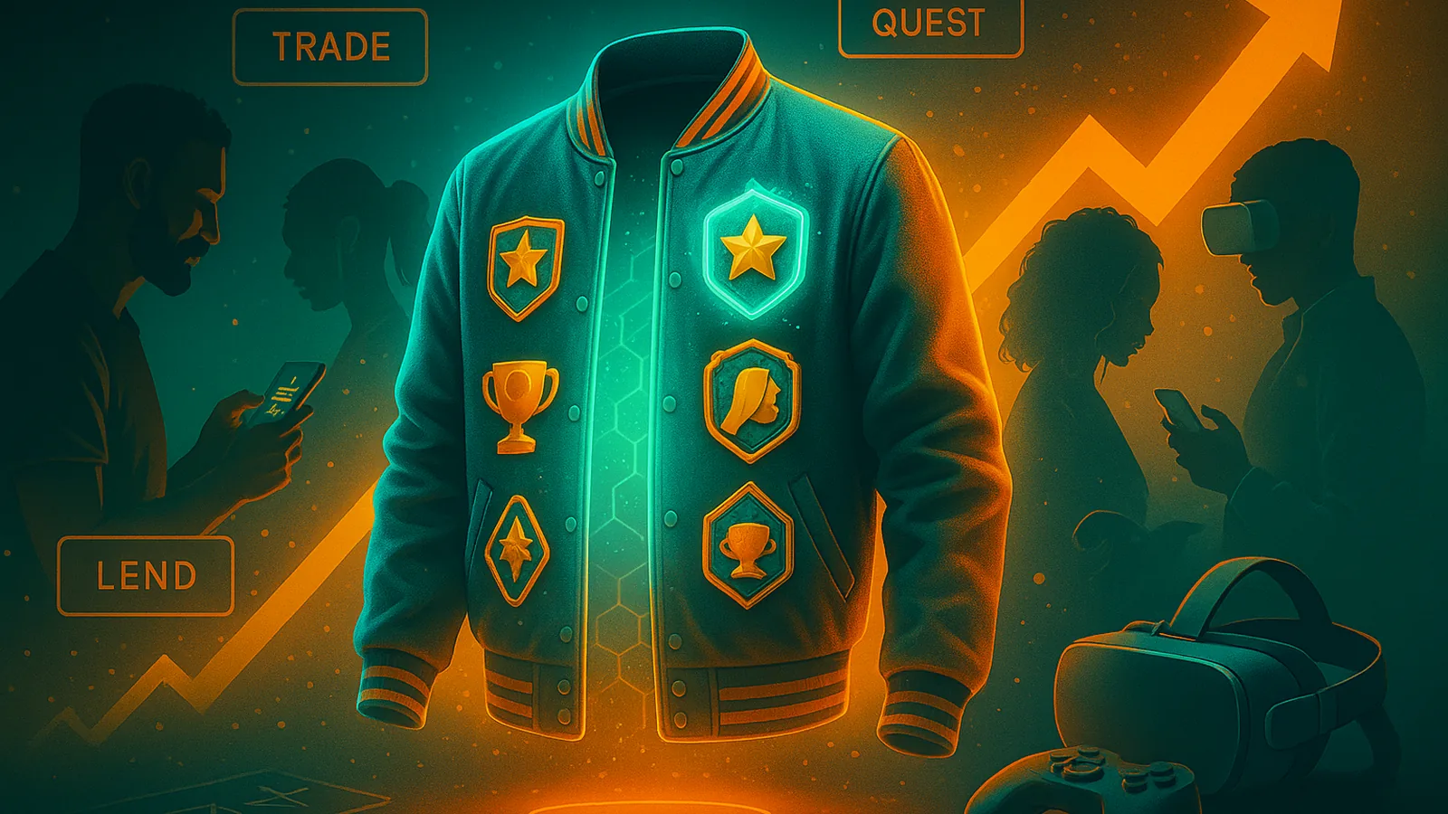 Neon varsity jacket as a Web3 gaming badge; silhouettes trading, lending and questing; upward trend
